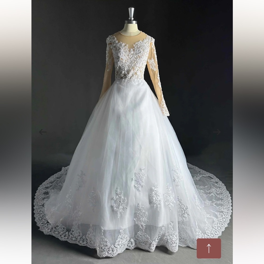 A-Line Long Sleeves Lace Tulle Court Train Wedding Dress - Picture 4 of 17